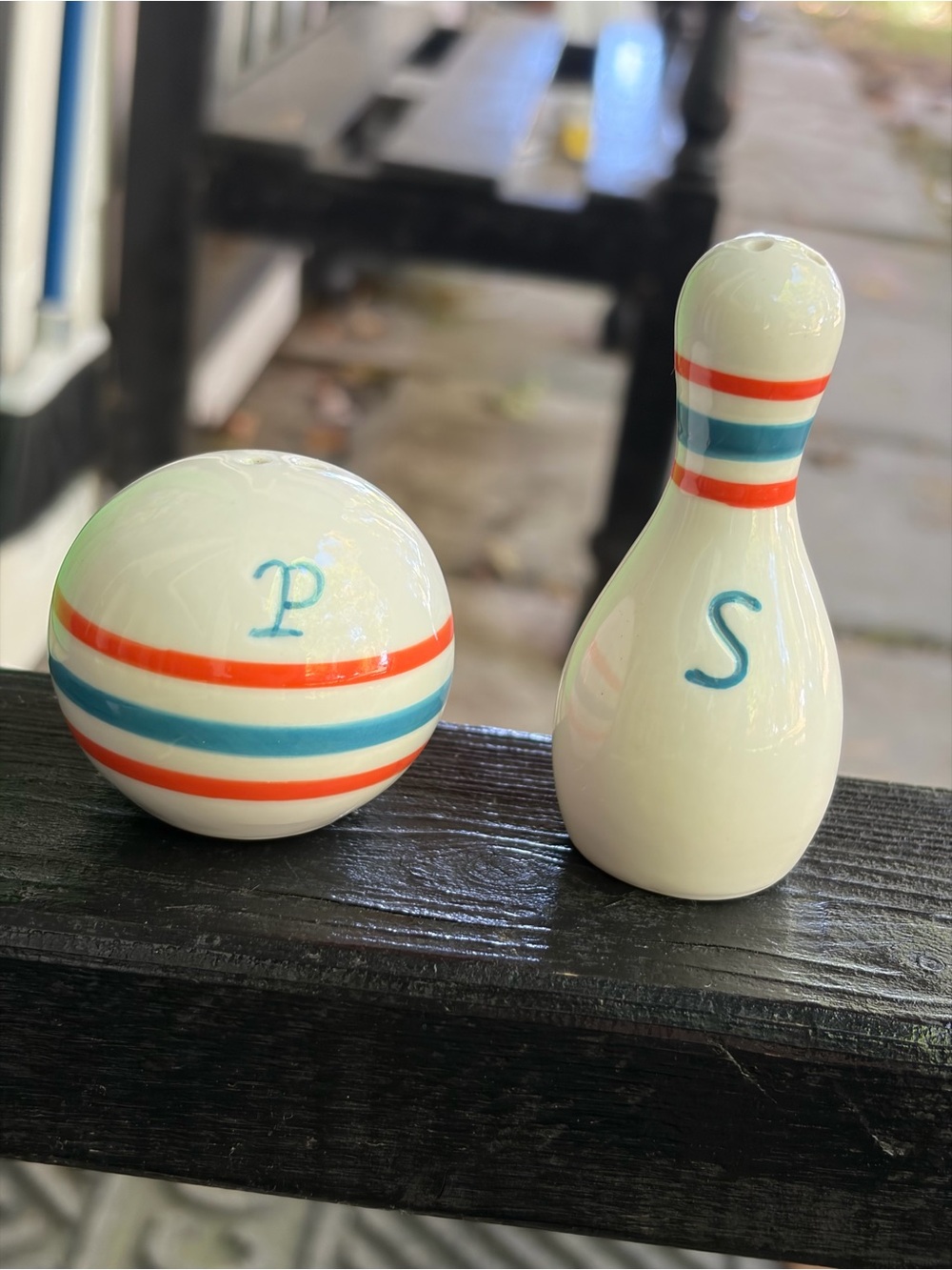 Bowling Ball and Pin Salt and Pepper Shaker Set Miami Dolphin Colors NEW